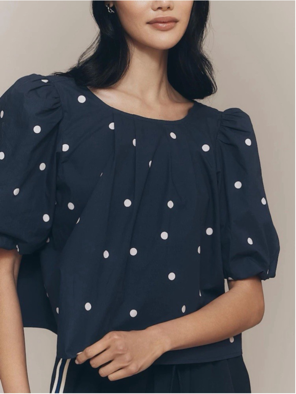 Anthropologie Meave M Navy Polka Dot Puff Sleeve Swing Top Blouse Poplin